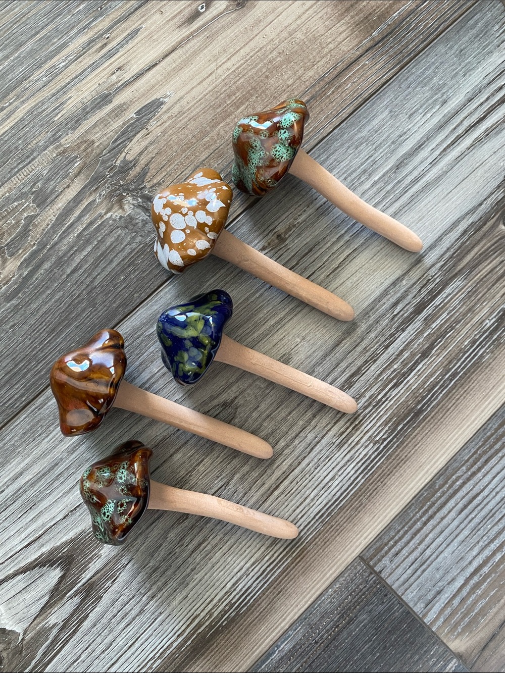 🍄Handmade🍄Glazed Ceramic Top Wooden Fairy Garden Mushrooms Set of 5